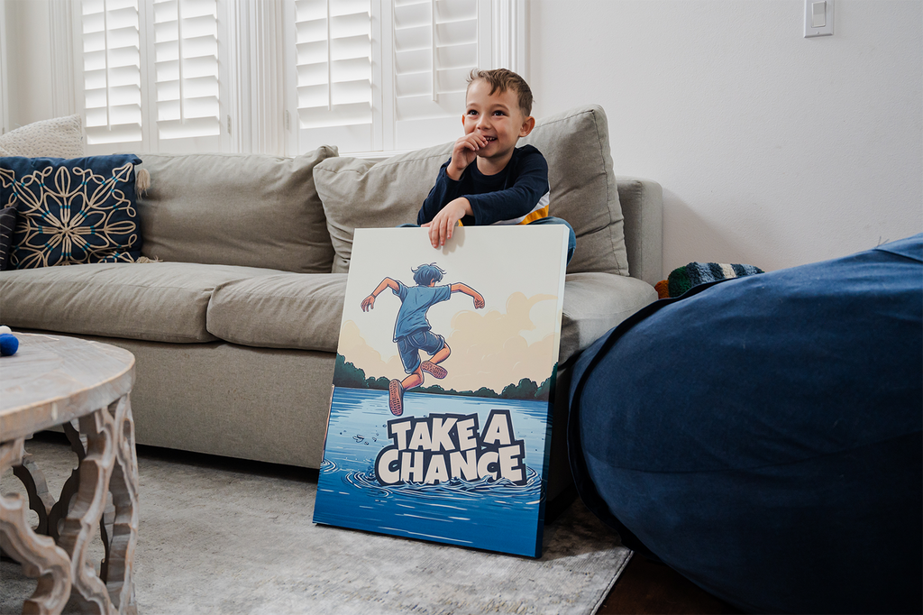 little boy posing in front of 'playtime' poster
