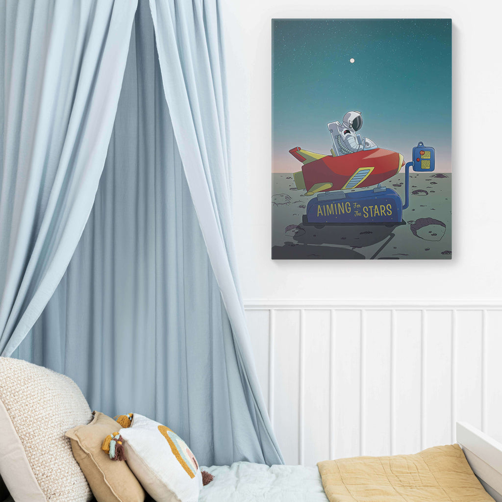 Space canvas art hanging on bedroom wall.