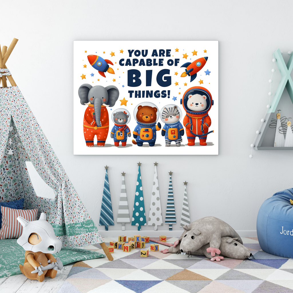 The Big Things canvas art for kids displayed in a children's bedroom.